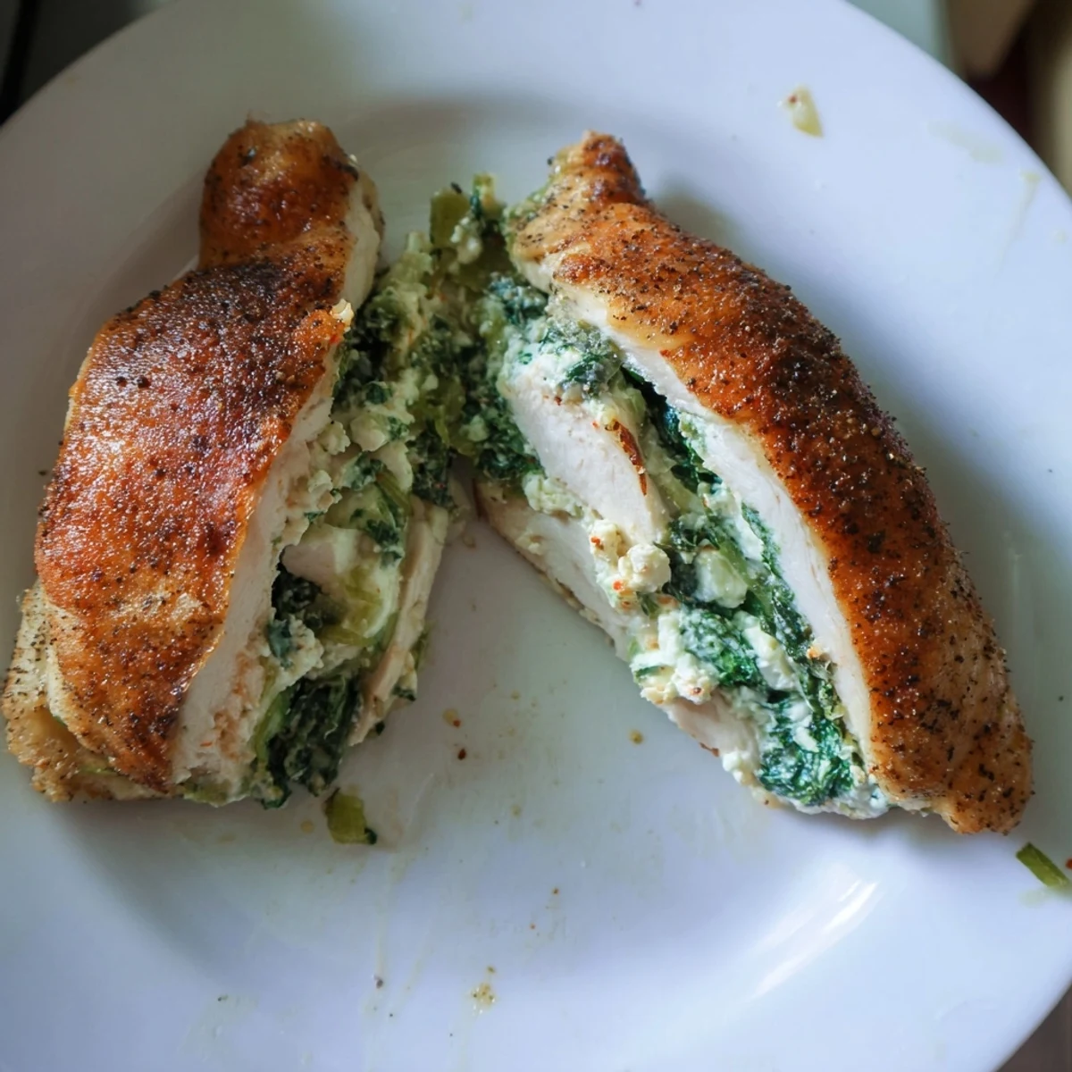 Sliced Mediterranean spinach and feta stuffed chicken breast revealing the savory green and white filling.