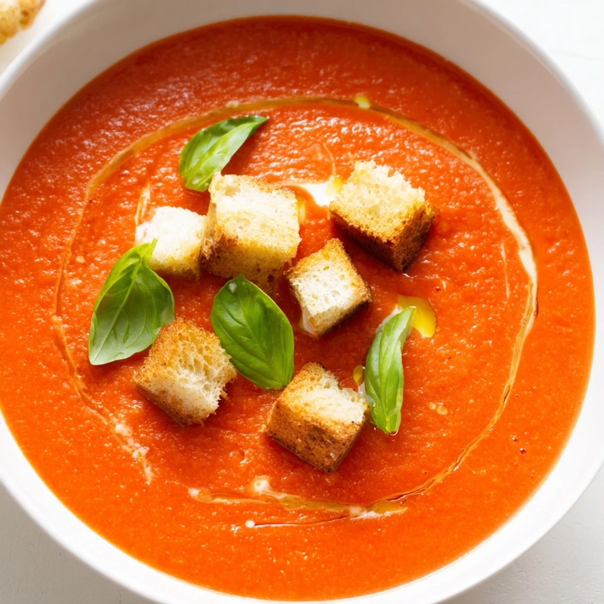 A steaming bowl of creamy tomato and basil soup with golden croutons, ready to serve with fresh basil leaves.