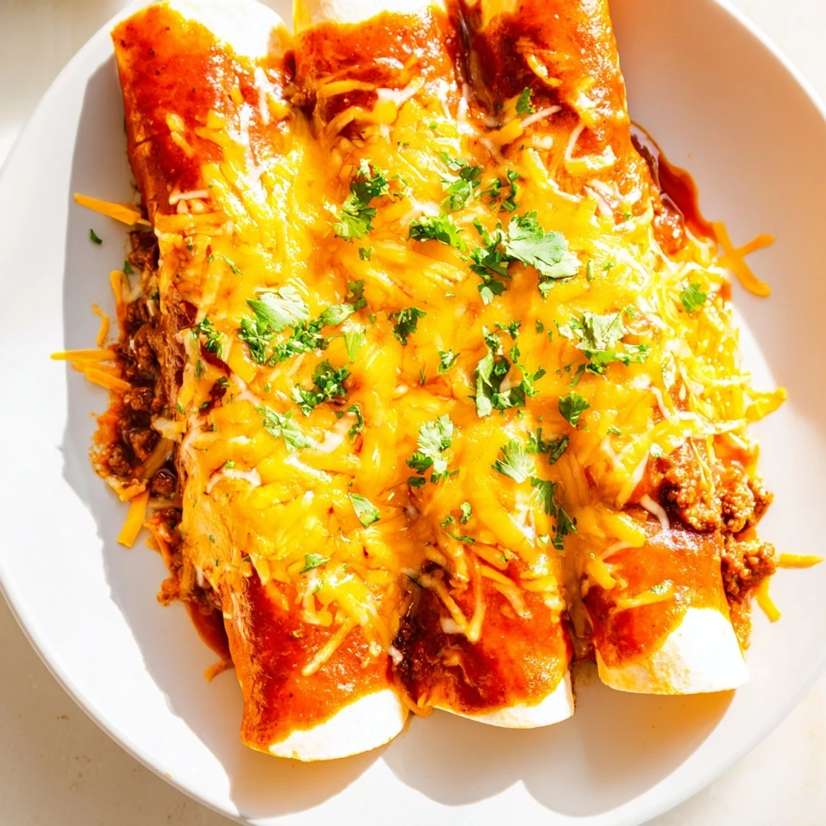 Fresh cilantro and lime wedges garnish these Beef Enchiladas with Homemade Red Sauce, ready to serve for dinner.