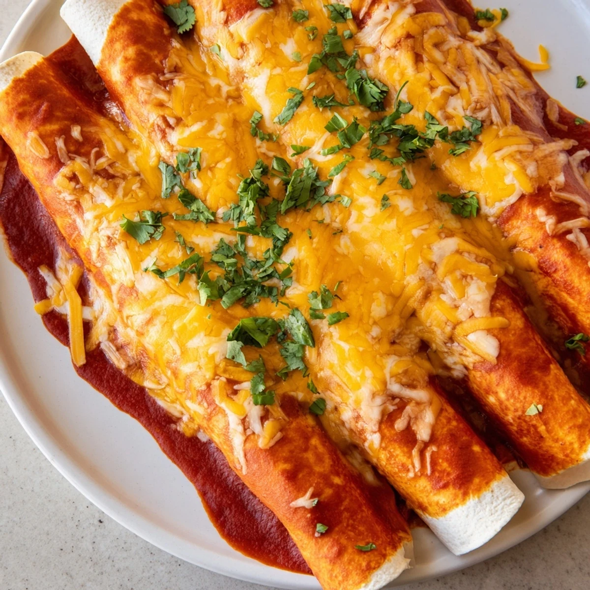 A spoonful of the savory ground beef filling peeks from under the rich red sauce and melted Monterey Jack cheese.