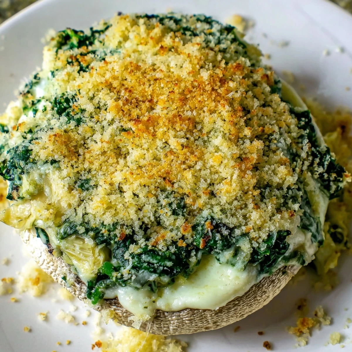 Golden-brown Cheesy Spinach and Artichoke Stuffed Mushrooms bubbling with hot, creamy filling on a rustic platter.