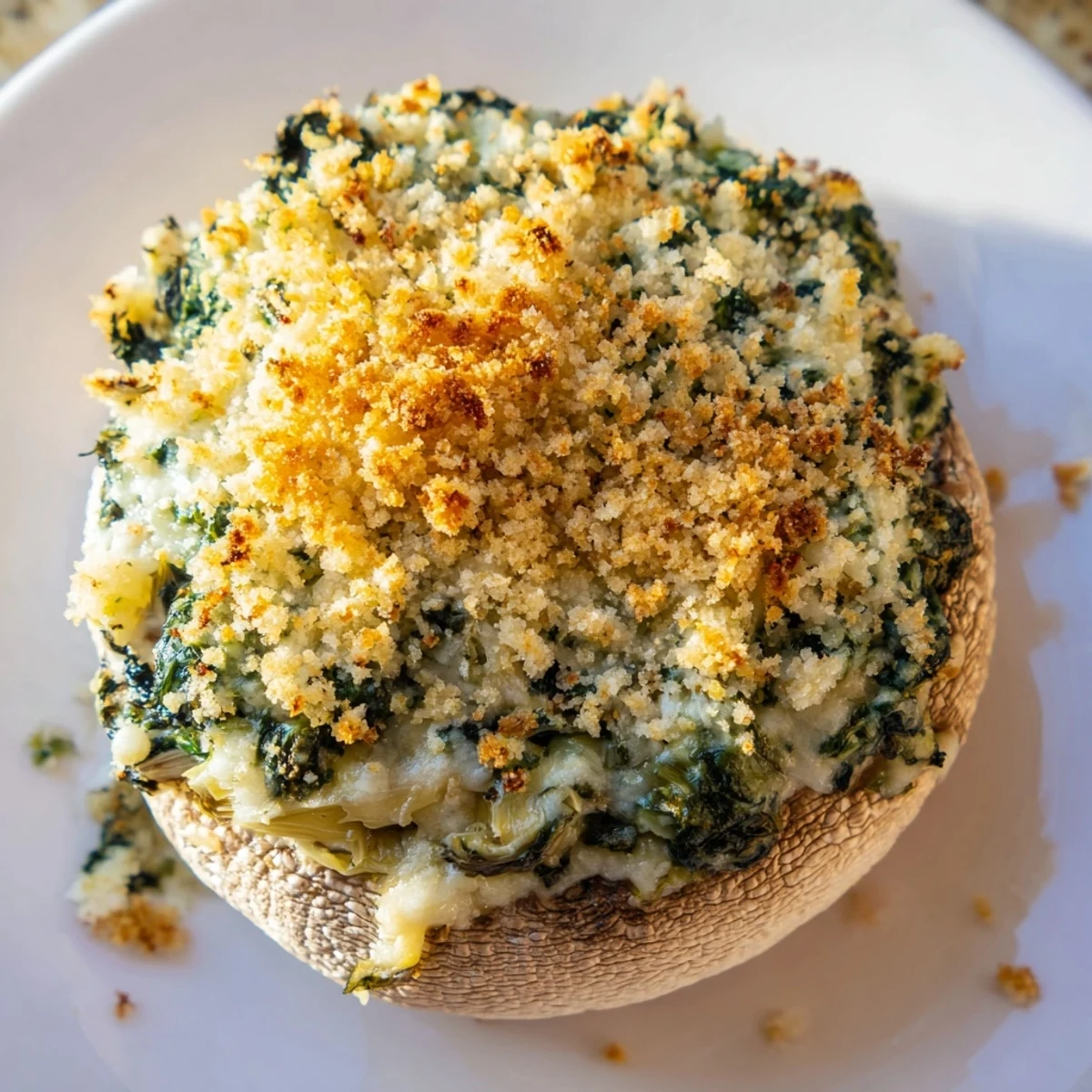 Close-up of Cheesy Spinach and Artichoke Stuffed Mushrooms revealing melted mozzarella and tender mushroom caps.