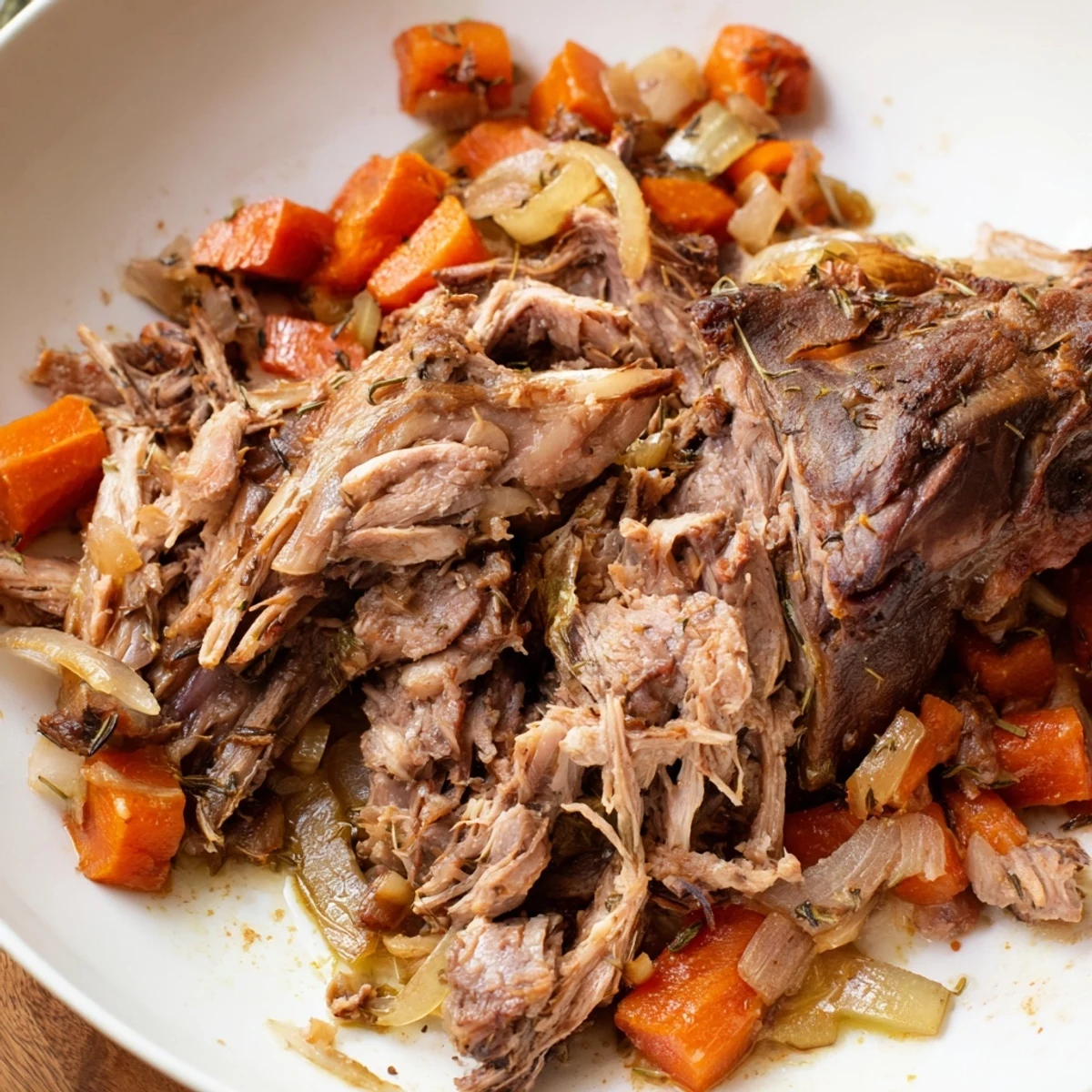 A perfectly shredded Slow Cooked Lamb Shoulder with Garlic and Herbs ready for serving alongside crusty bread and red wine.