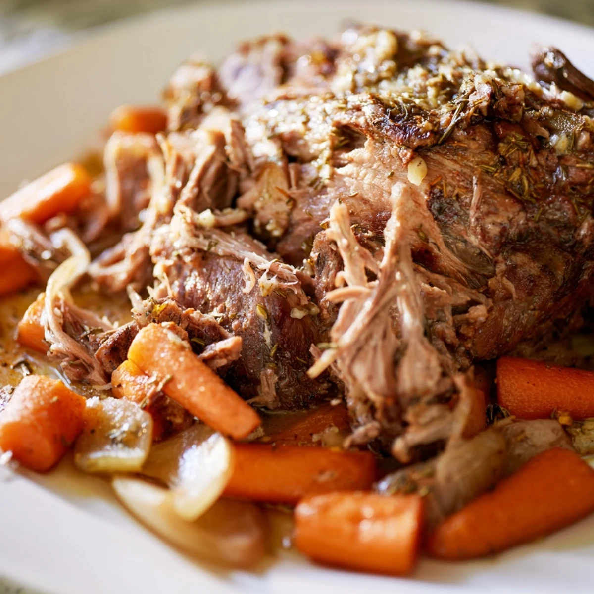 Slow Cooked Lamb Shoulder with Garlic and Herbs glistens with rich pan juices, surrounded by tender roasted vegetables on a serving platter.