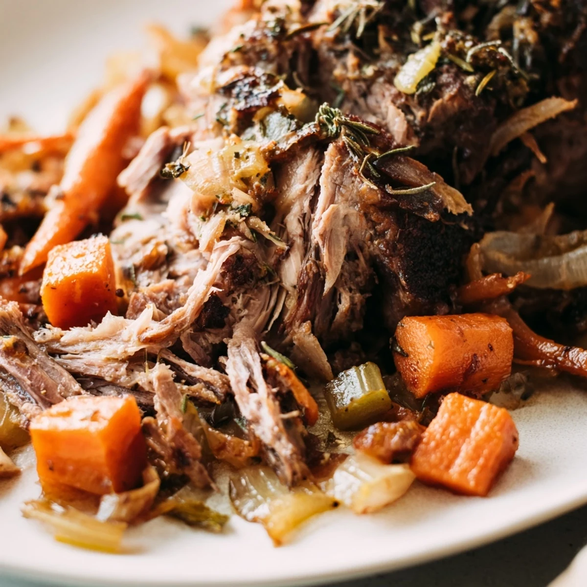 Golden brown Slow Cooked Lamb Shoulder with Garlic and Herbs rests on a bed of onions, carrots, and fresh herbs.