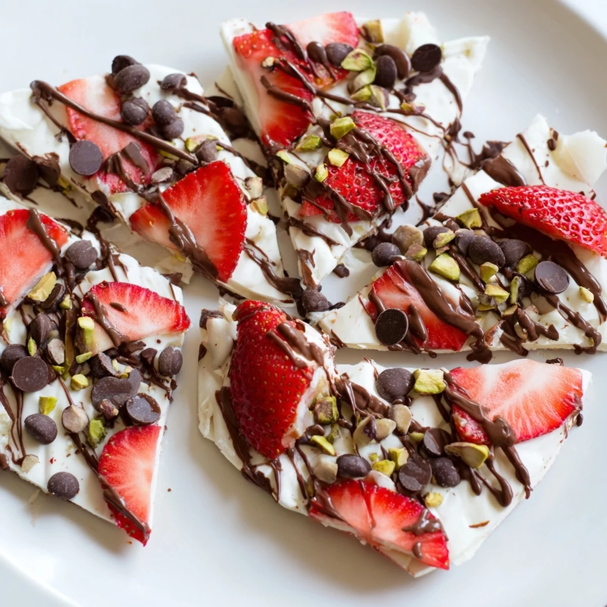 Frozen Chocolate Covered Strawberry Yogurt Bark broken into shards, showing creamy yogurt base, fresh strawberry slices, and a glossy dark chocolate drizzle on a chilled baking sheet.