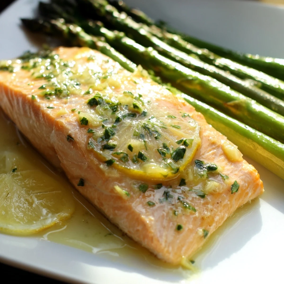Golden-brown Lemon Garlic Butter Salmon with Roasted Asparagus rests on a white plate, drizzled with bright citrus butter sauce.