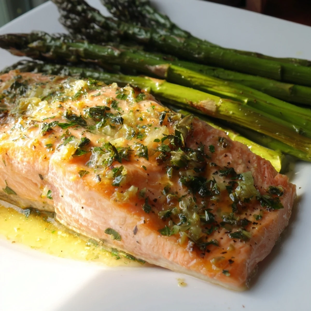 Tender Lemon Garlic Butter Salmon with Roasted Asparagus on a baking sheet, garnished with fresh parsley and lemon slices.