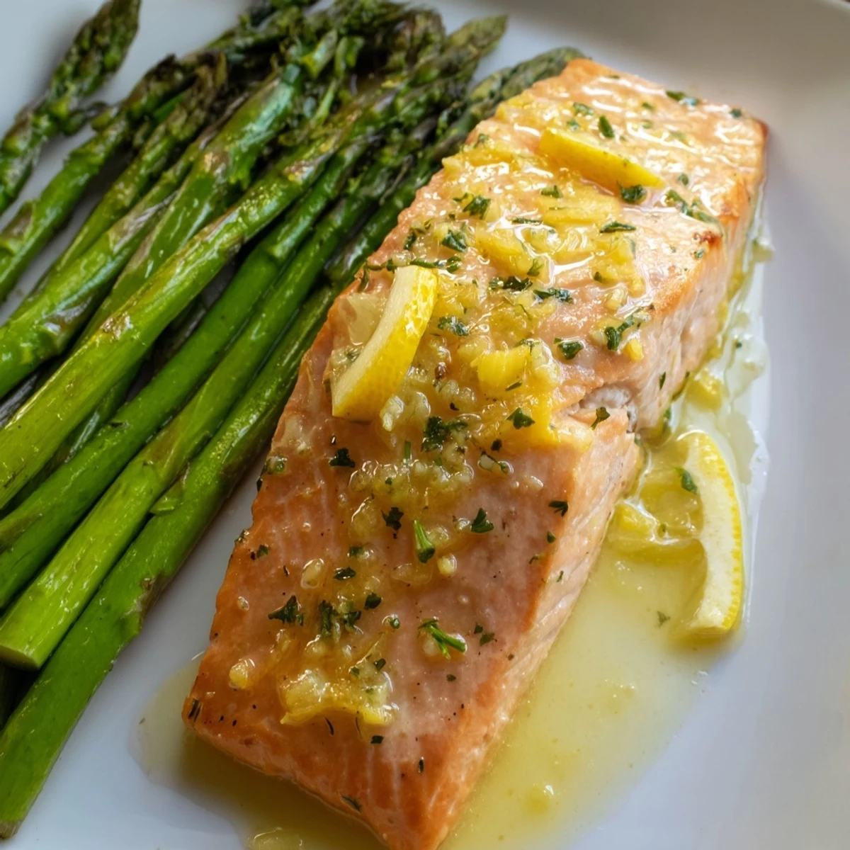 Close-up of Lemon Garlic Butter Salmon with Roasted Asparagus, highlighting flaky fish and crispy green spears glistening with butter.