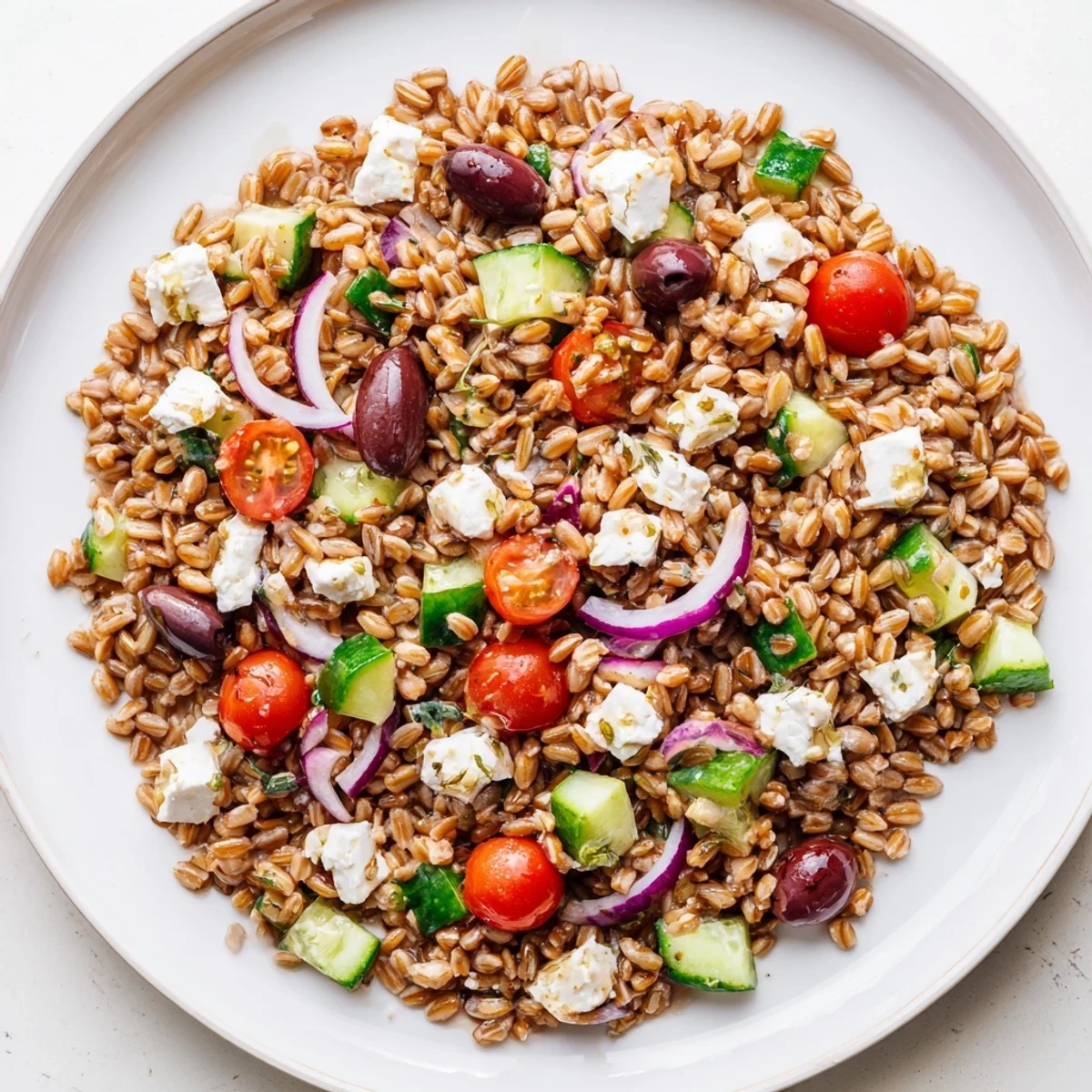 A vibrant bowl of Mediterranean Farro Salad with cucumber chunks, feta crumbles, and briny olives beside a glass of crisp white wine.