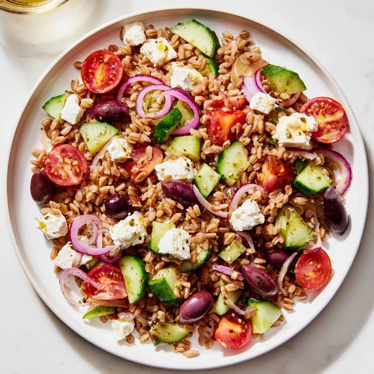 Fresh Mediterranean Farro Salad tossed with diced cucumber, cherry tomatoes, red onion, and parsley, served on a sunny outdoor patio table.