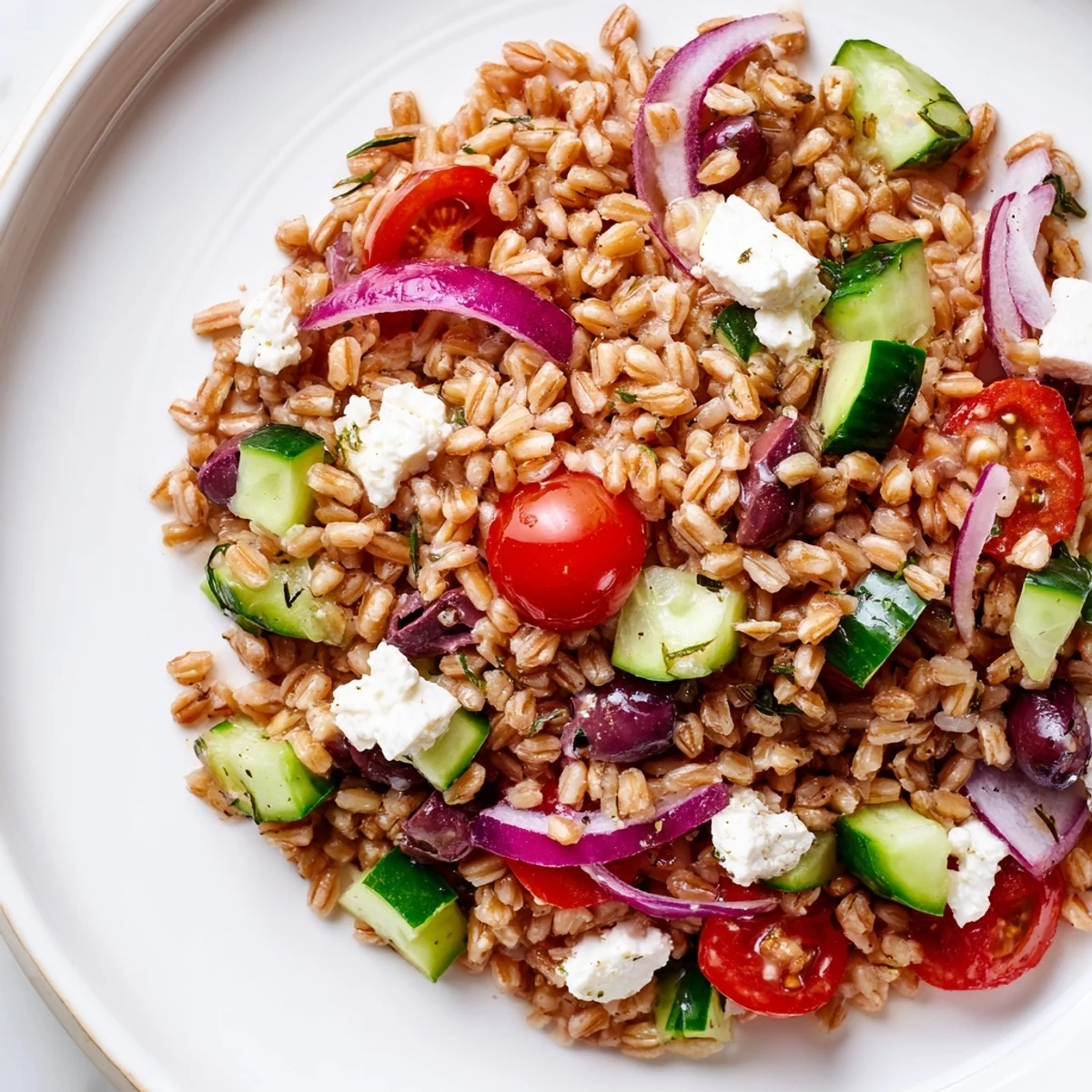 Colorful Mediterranean Farro Salad featuring chewy grains, creamy feta, and juicy tomatoes, arranged on a white plate with a decorative napkin.