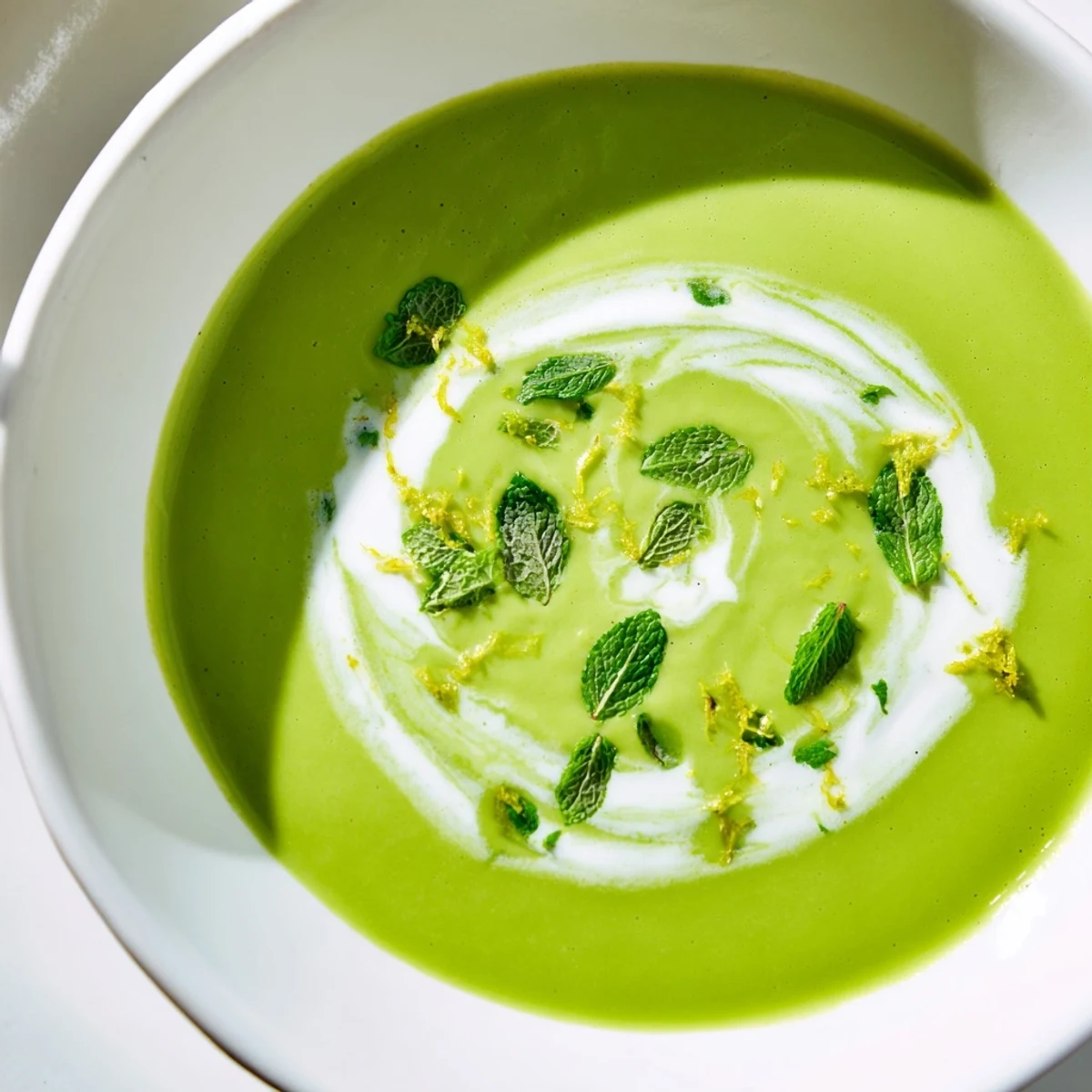 A close-up of Spring Pea Soup with Mint and Crème Fraîche, showcasing the vibrant green purée topped with a creamy swirl and fresh mint garnish.