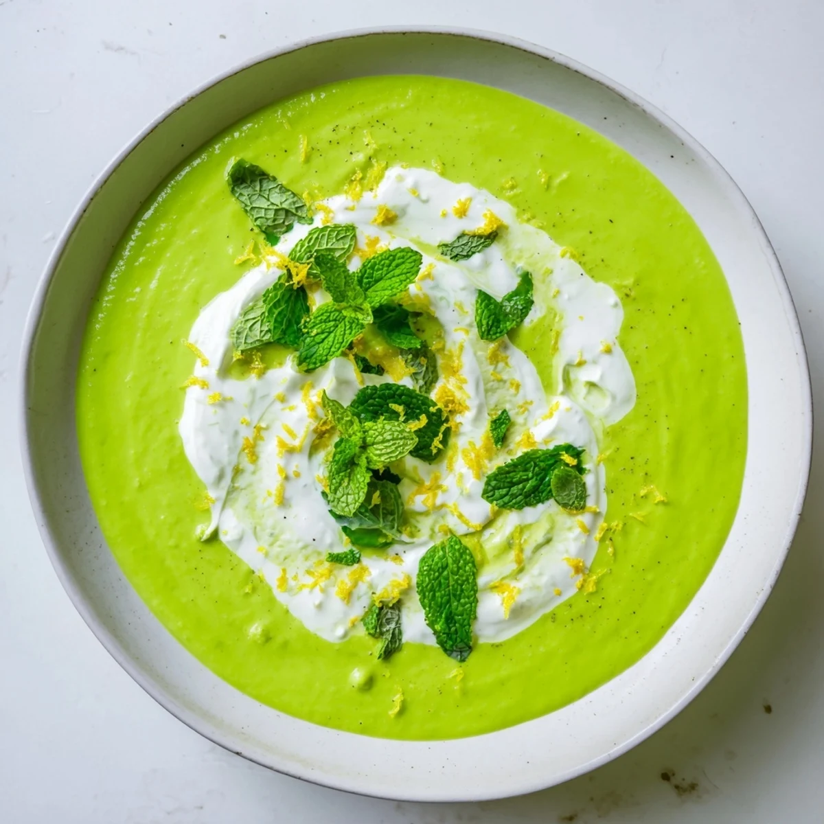 Bright green Spring Pea Soup with Mint and Crème Fraîche served in a rustic bowl, garnished with a dollop of crème fraîche and lemon zest.