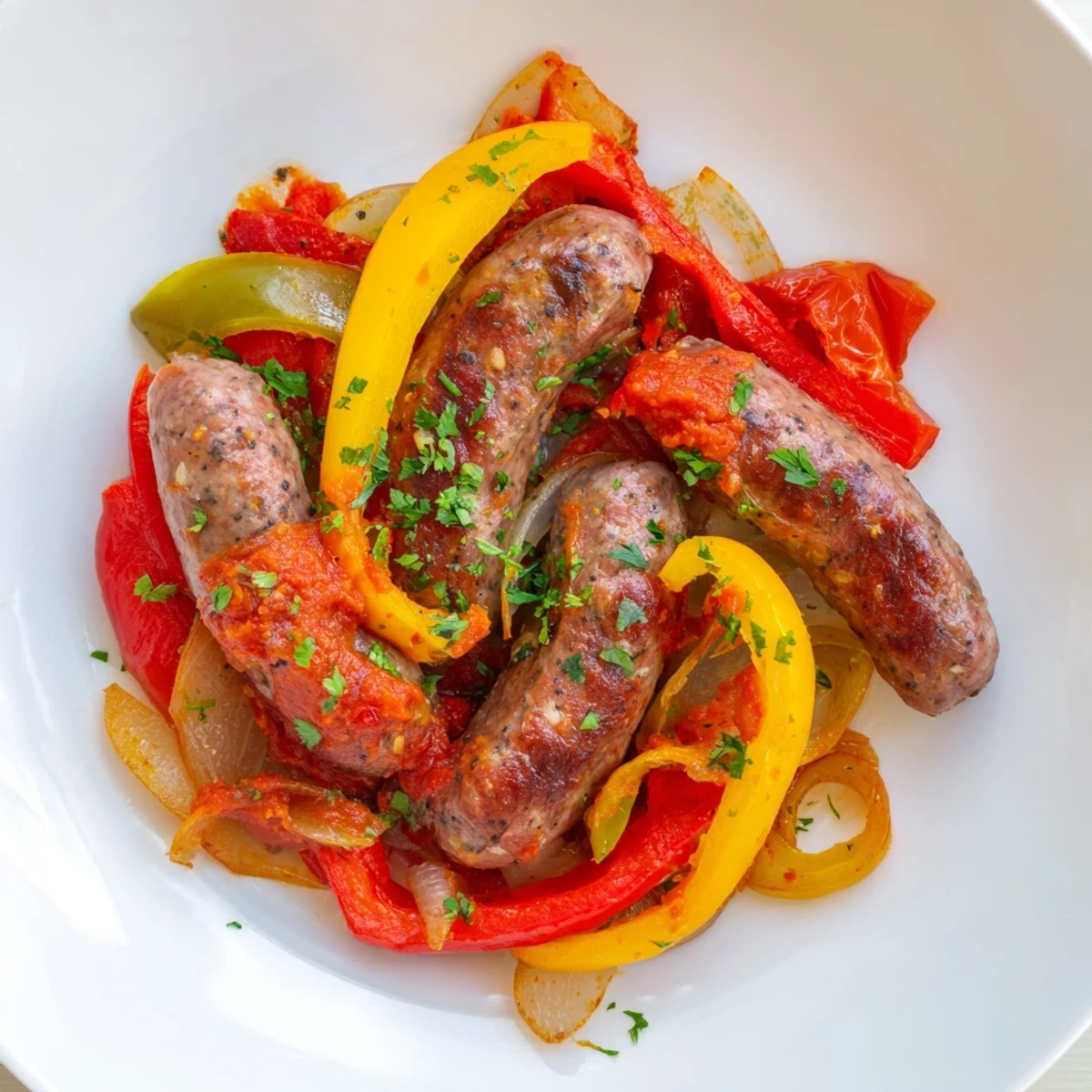 A close-up of Beef Sausage and Pepper Skillet with colorful peppers and onions in rich tomato sauce.