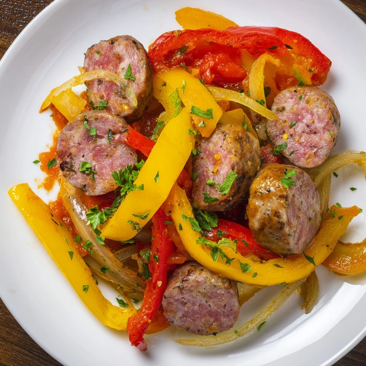Beef Sausage and Pepper Skillet garnished with fresh parsley, served hot in a cast iron skillet.