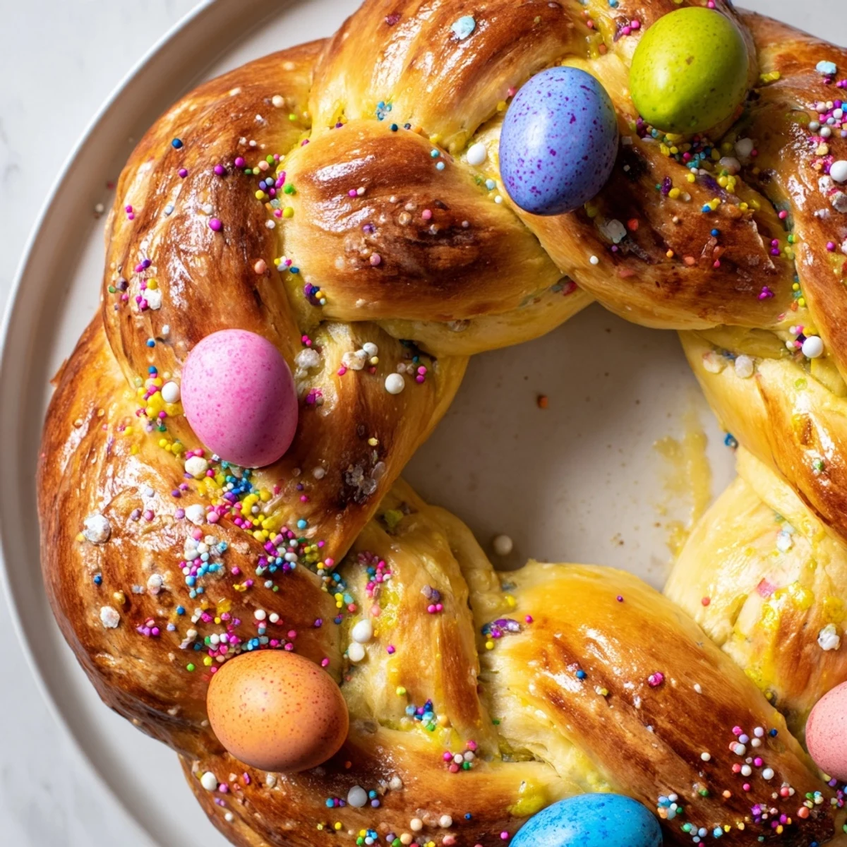 Close-up of Easter Bread with Colored Eggs showing soft, pillowy texture, a shiny egg wash finish, and colorful sprinkles on top.