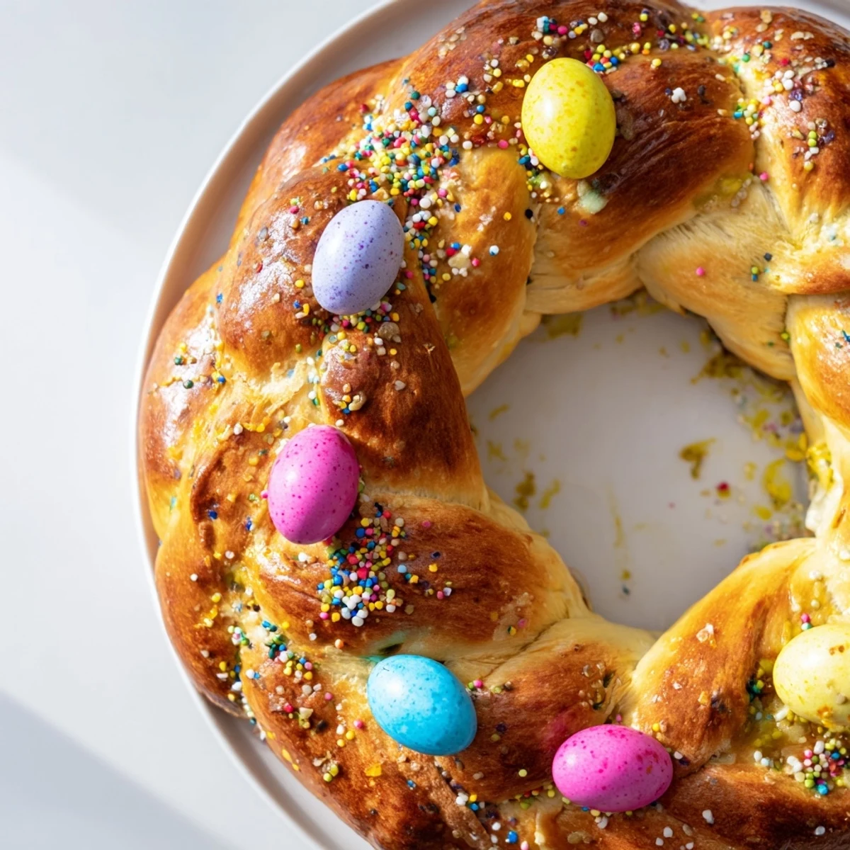 Sliced Easter Bread with Colored Eggs reveals a tender crumb, ready to serve on a festive holiday table alongside a glass of milk.