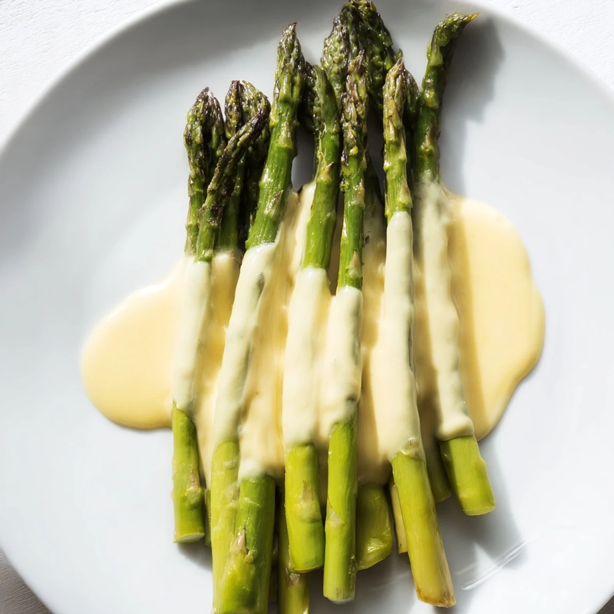 Elegant roasted asparagus with hollandaise sauce served warm on a white platter.
