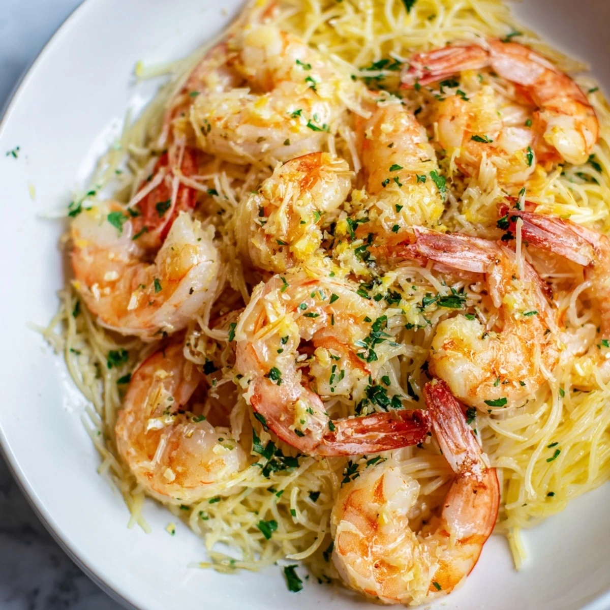 Golden angel hair pasta and pink shrimp glisten in a buttery lemon garlic sauce, garnished with fresh parsley and lemon wedges.