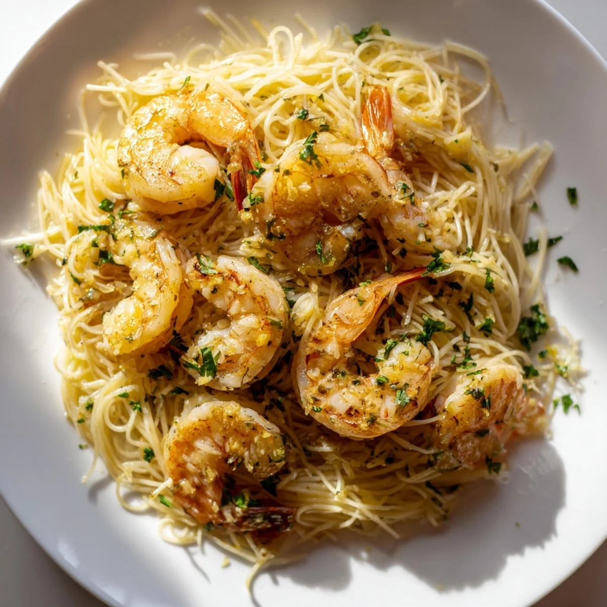 Serving suggestion for Lemon Garlic Butter Shrimp with Angel Hair Pasta on a white plate with a glass of white wine.