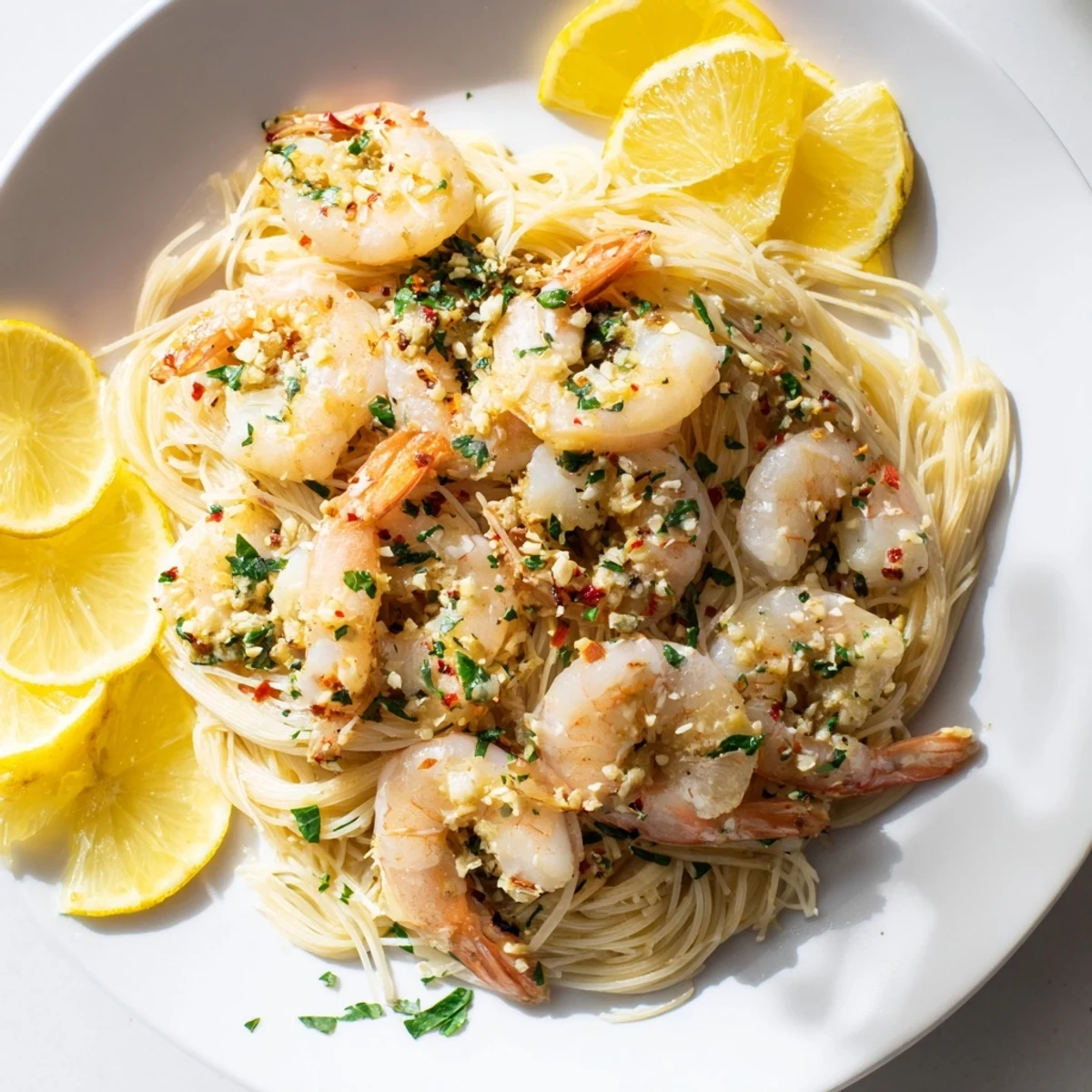 Freshly cooked Lemon Garlic Butter Shrimp with Angel Hair pasta served with lemon wedges and parsley on a white plate, perfect for a quick dinner.