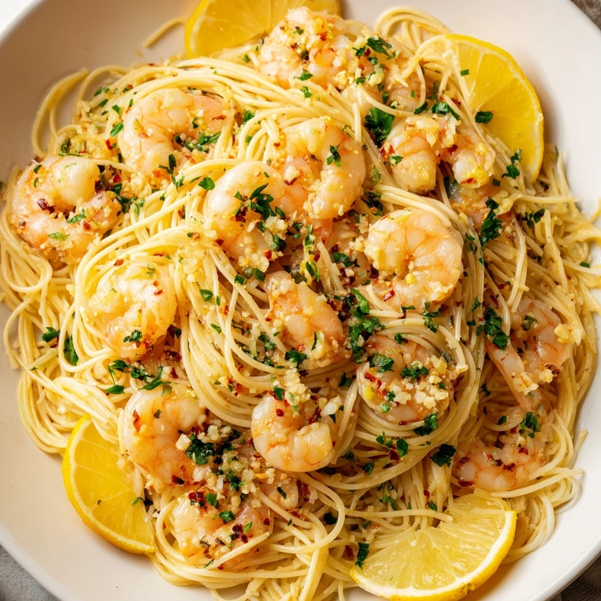 Tender shrimp in a zesty lemon garlic butter sauce twirled onto delicate angel hair pasta, garnished with fresh parsley for a flavorful main dish.