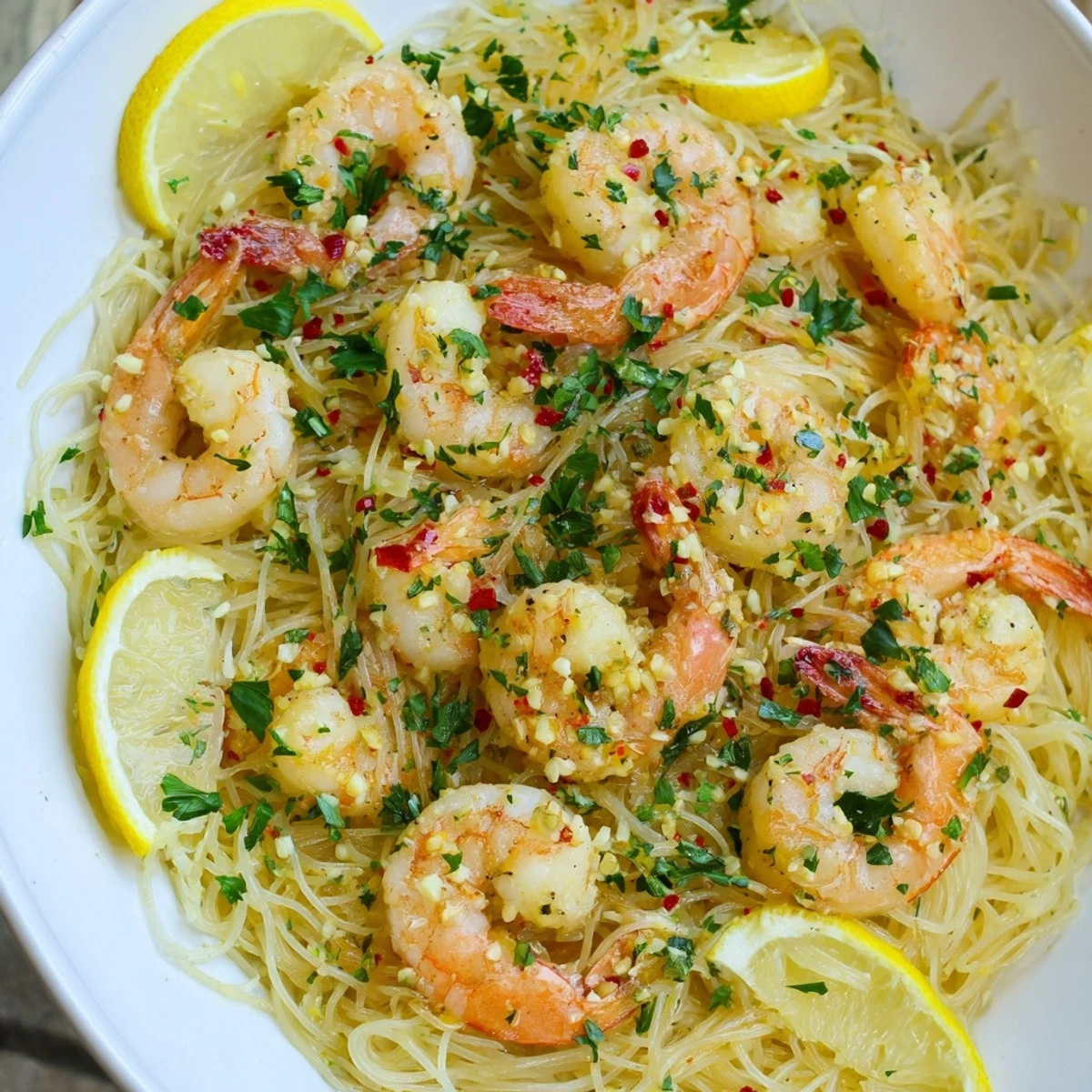 A close-up of succulent shrimp and angel hair pasta coated in a glossy lemon garlic butter sauce, ready to be enjoyed warm as a family meal.