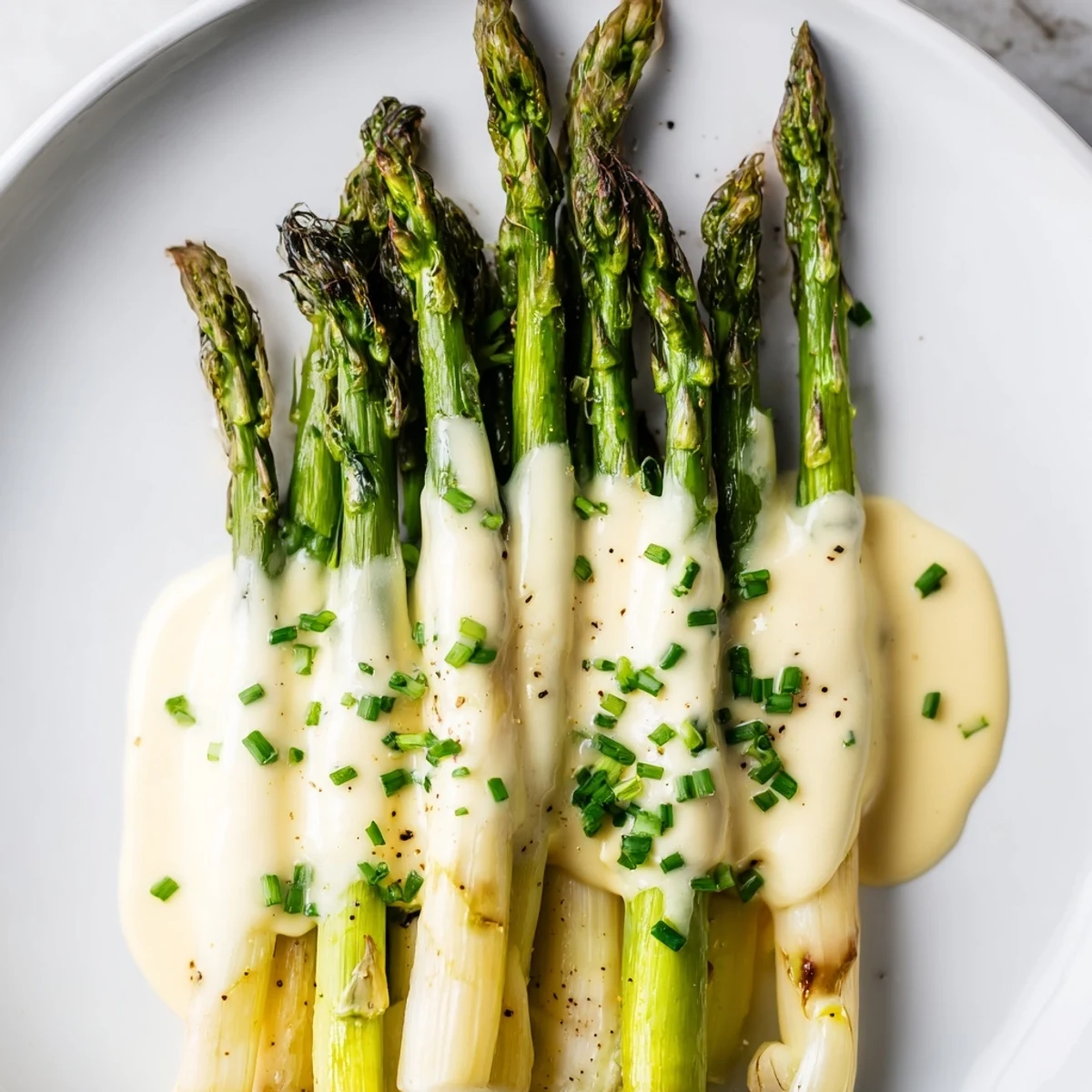 Fresh roasted asparagus spears with rich homemade hollandaise sauce drizzled over the top, served warm on a platter.