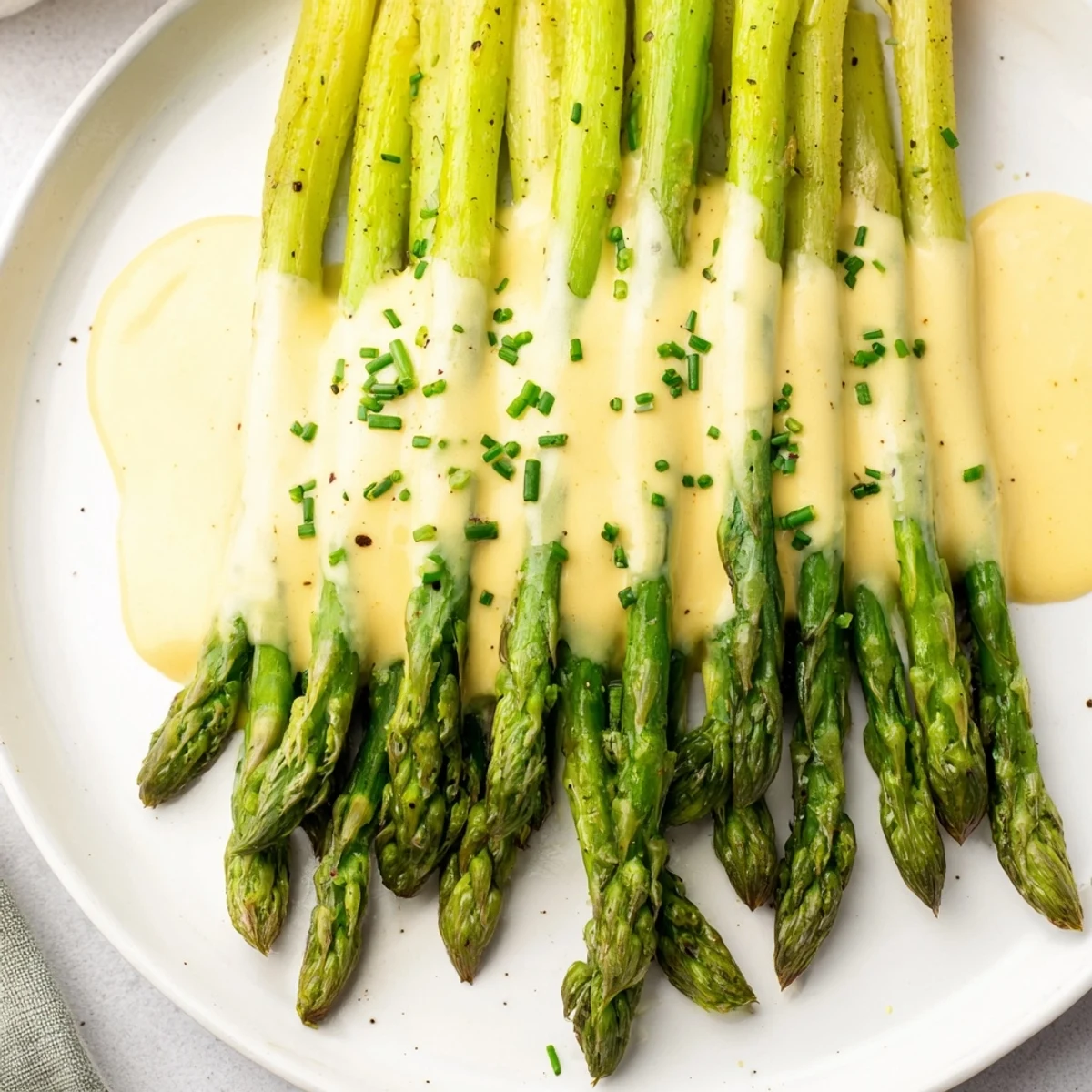Golden roasted asparagus with hollandaise sauce, garnished with fresh chives and served alongside a glass of white wine.