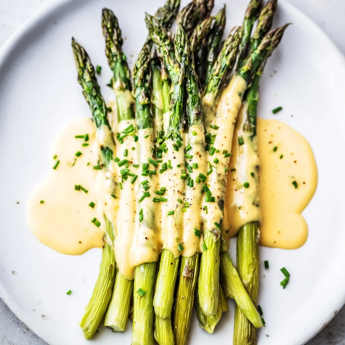 Tender green asparagus roasted to perfection, topped with creamy hollandaise sauce for an elegant spring side dish presentation.