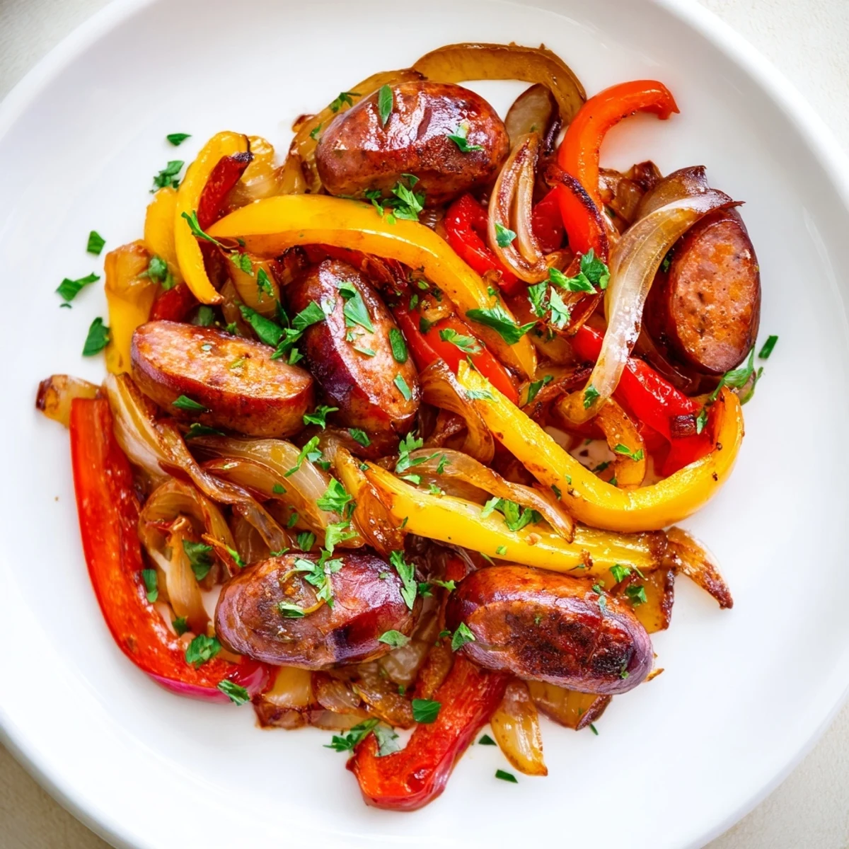 Vibrant sliced red, yellow, and green bell peppers sautéing with savory beef sausage.