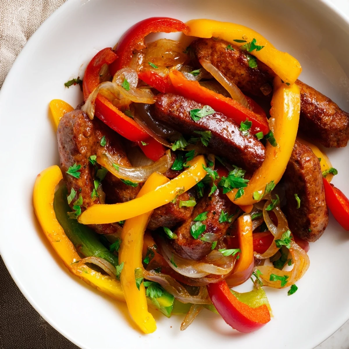 Sizzling beef sausage and bell pepper skillet with caramelized onions in a hot pan.