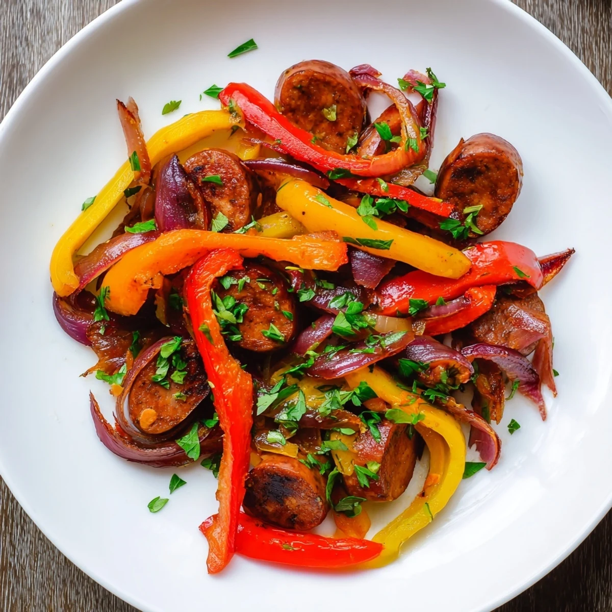 Hearty beef sausage and bell pepper skillet served over fluffy rice for dinner.