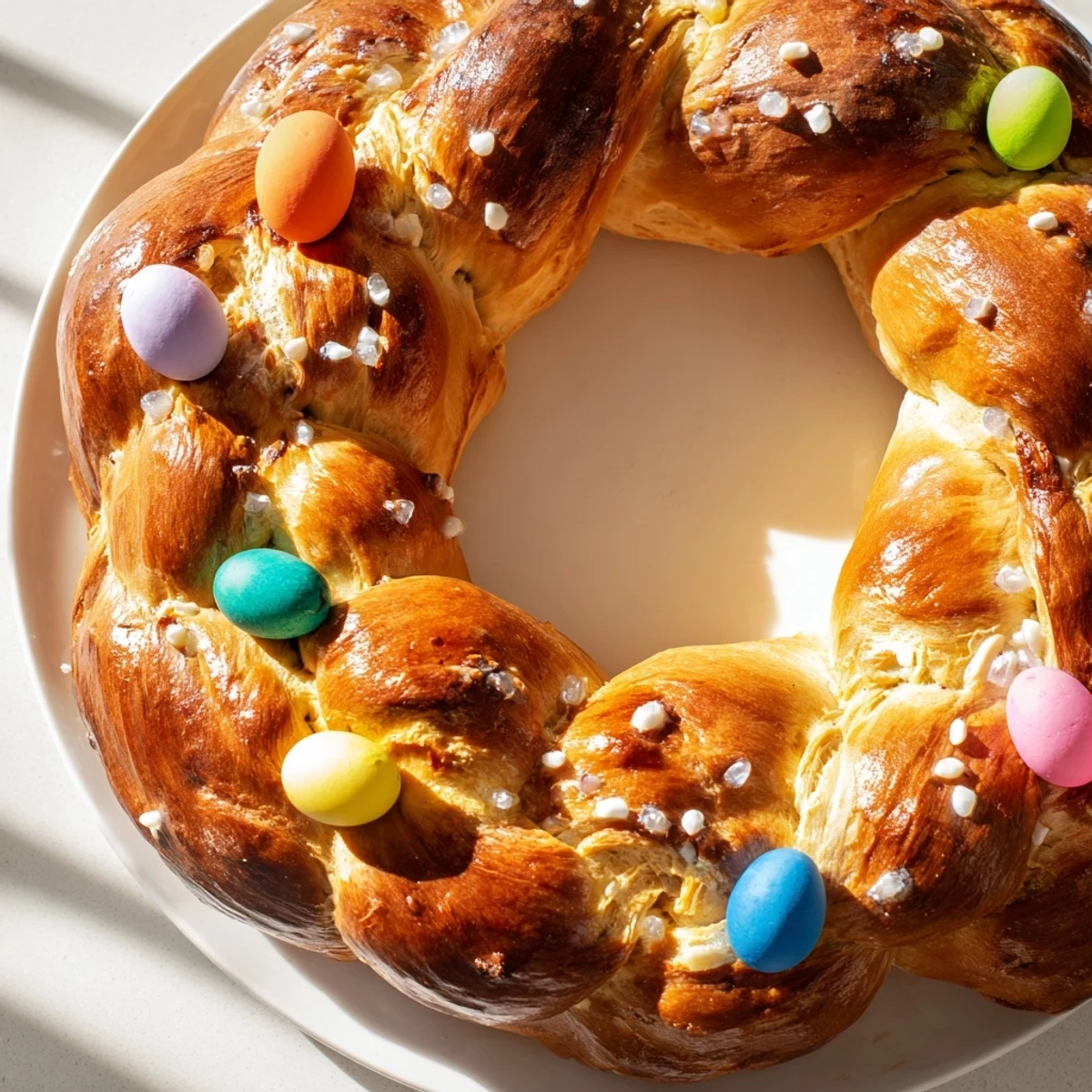 Freshly baked Easter Bread Wreath showcasing vibrant dyed eggs nestled between golden, braided dough.