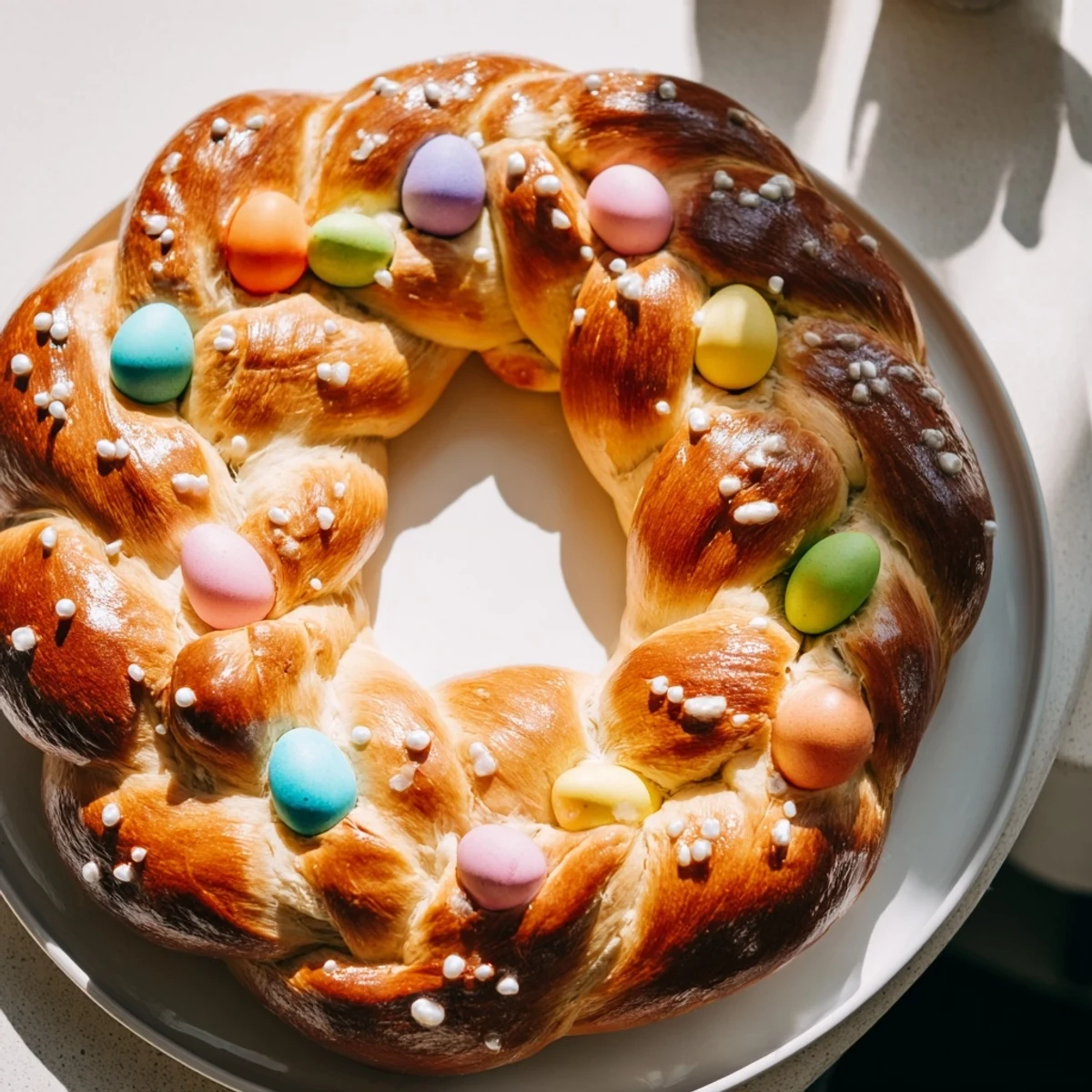 A fragrant view of the Easter Bread Wreath: a braided bread ring dotted with colorful, hard-boiled eggs.