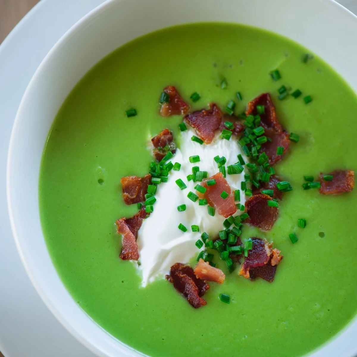 Velvety Spring Pea Soup with Crispy Turkey Bacon garnished with chives and crème fraîche.