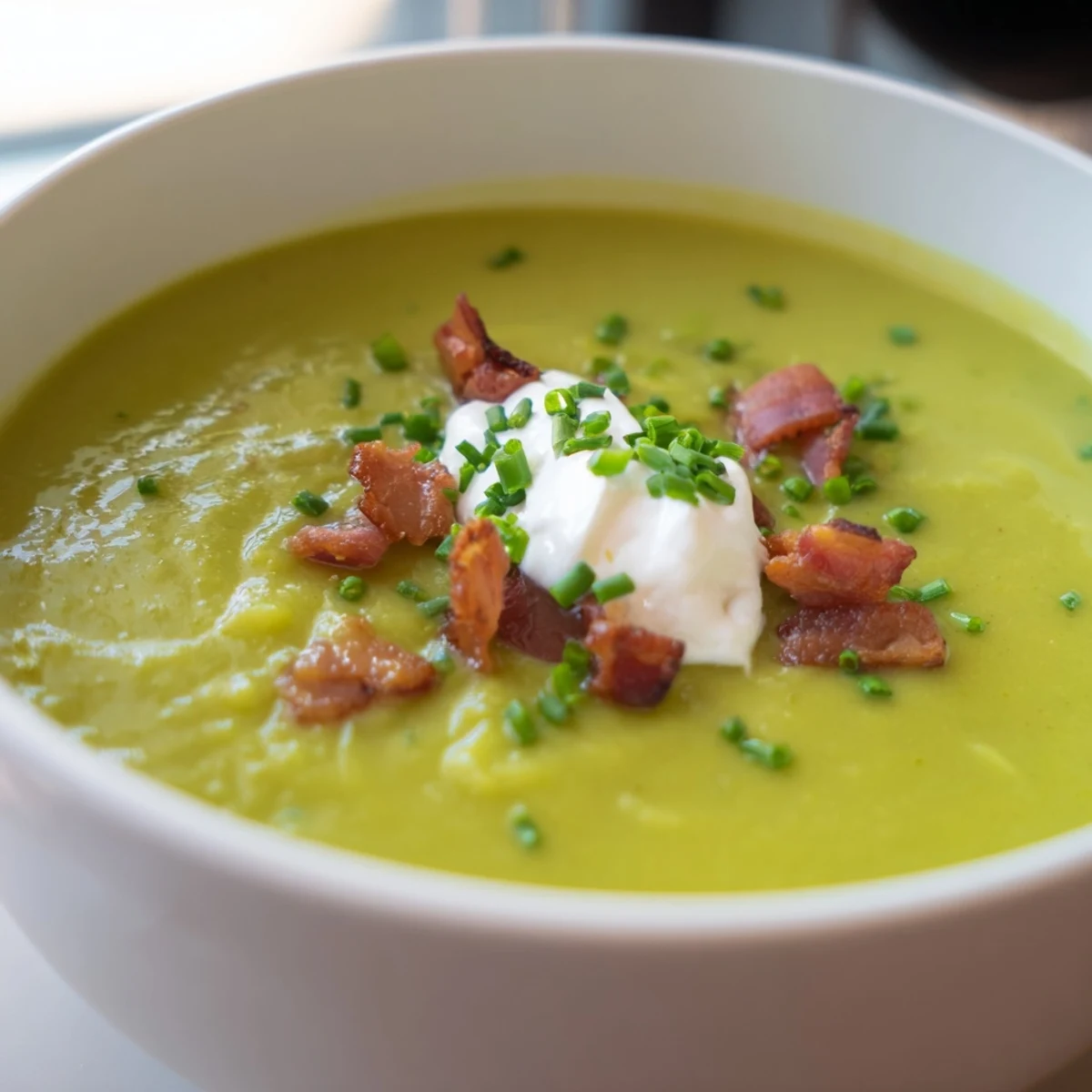 Vibrant green Spring Pea Soup with Crispy Turkey Bacon steaming in a rustic white bowl.