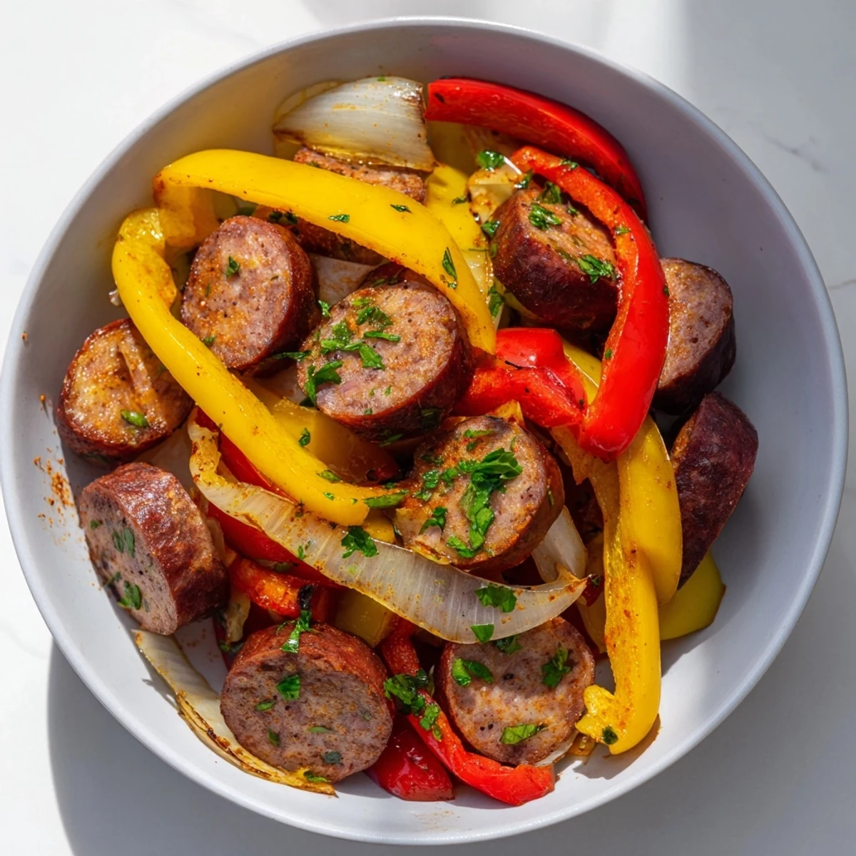 Golden brown beef sausage slices sizzle with colorful bell peppers in a hot skillet for Beef Sausage and Bell Pepper Skillet.  
