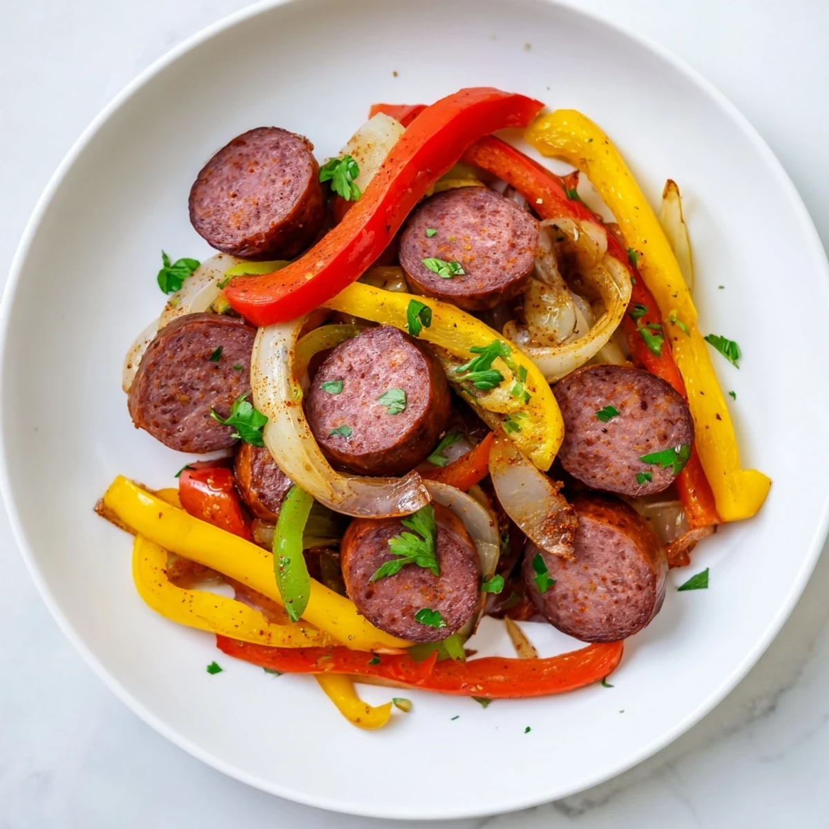 Savory Beef Sausage and Bell Pepper Skillet served hot with fresh parsley garnish, ready for a quick weeknight dinner.  