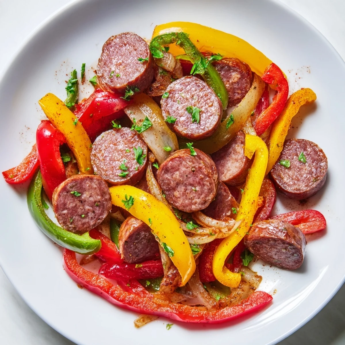 A close-up of the vibrant Beef Sausage and Bell Pepper Skillet featuring red, yellow, and green peppers and onions.