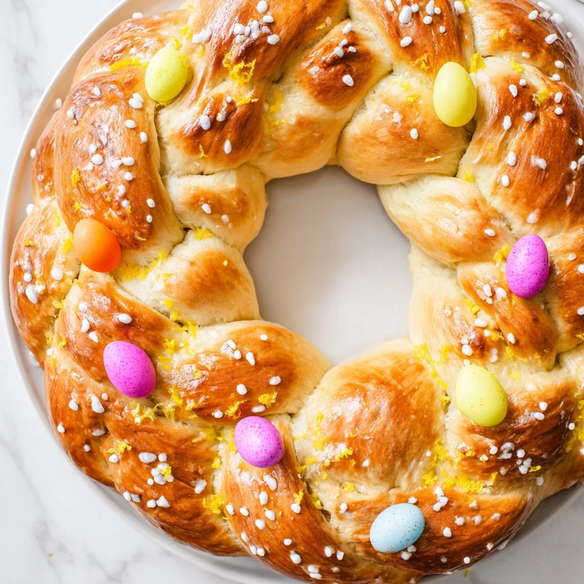 Golden, braided Easter Bread Wreath with Colored Eggs rests on a wooden board, slightly sweet and warm for the holiday.