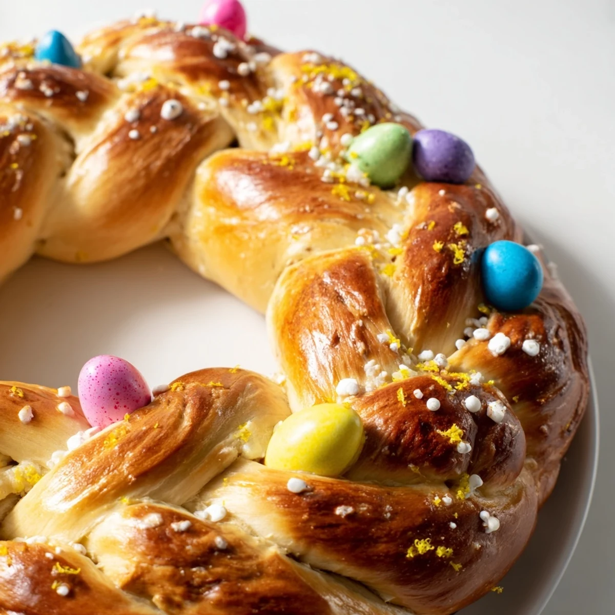 Freshly baked Easter Bread Wreath with Colored Eggs is studded with vibrant dyed eggs and brushed with glistening egg wash.