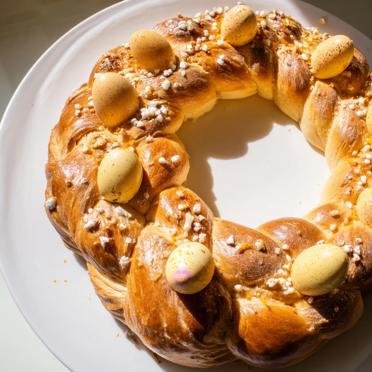 A slice of Easter Bread Wreath with Colored Eggs reveals soft, fluffy interior, served beside a cup of tea on spring linens.