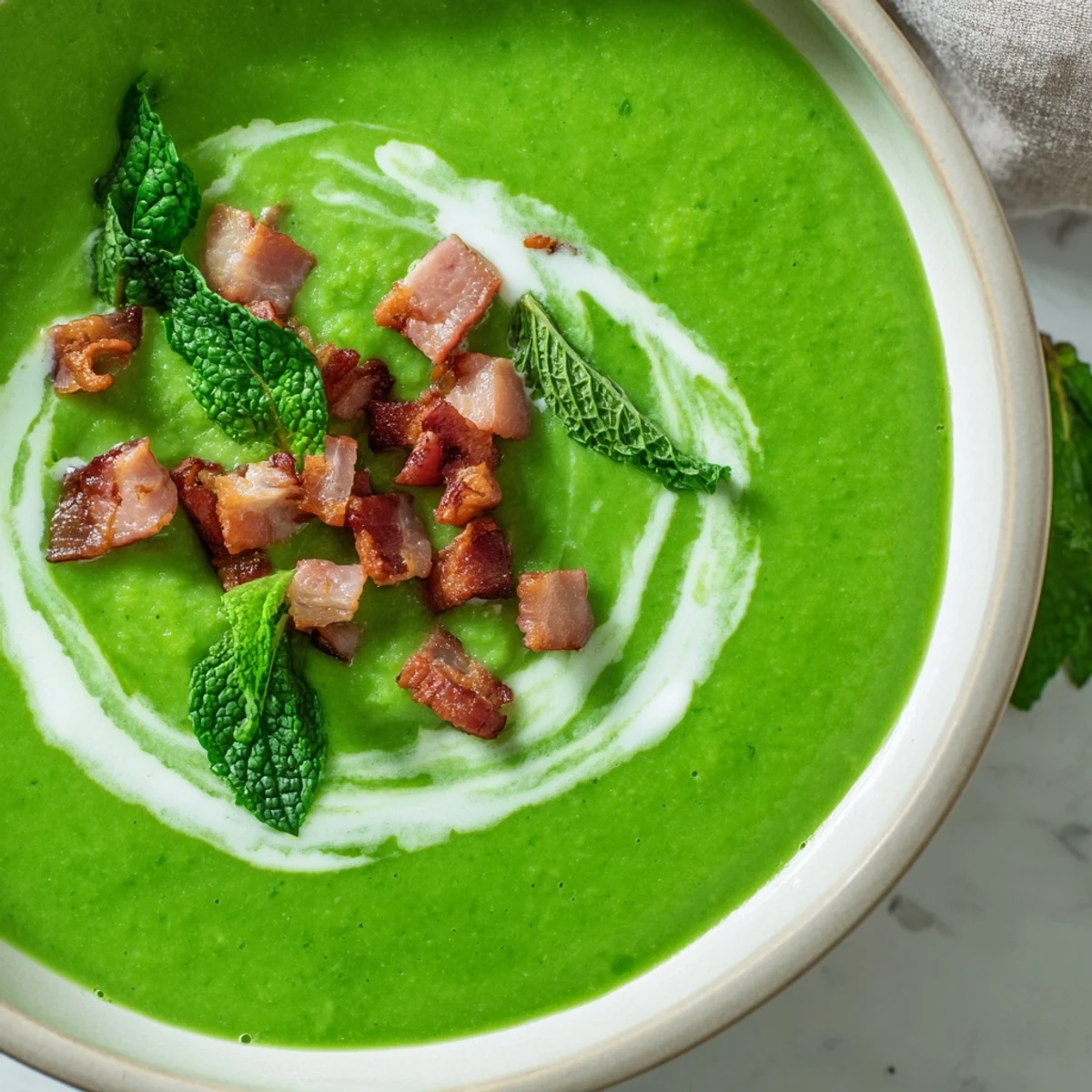 Fresh Spring Pea Soup with Crispy Turkey Bacon in a white bowl, garnished with vibrant mint leaves and a swirl of cream.