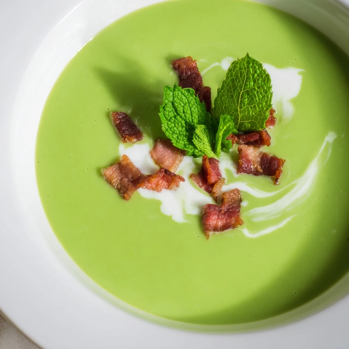 A close-up of Spring Pea Soup with Crispy Turkey Bacon, featuring golden bacon bits and a velvety green puree.