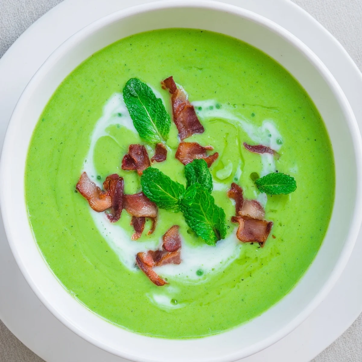Steaming bowl of Spring Pea Soup with Crispy Turkey Bacon served on a rustic table, highlighting fresh ingredients.