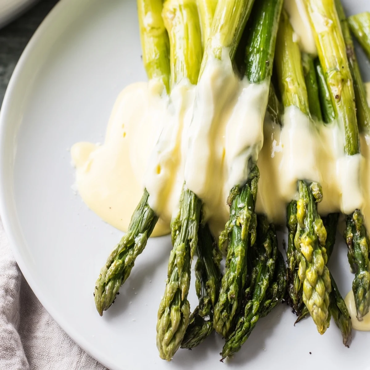 Freshly roasted asparagus spears with golden edges, drizzled with rich hollandaise sauce on a white plate.