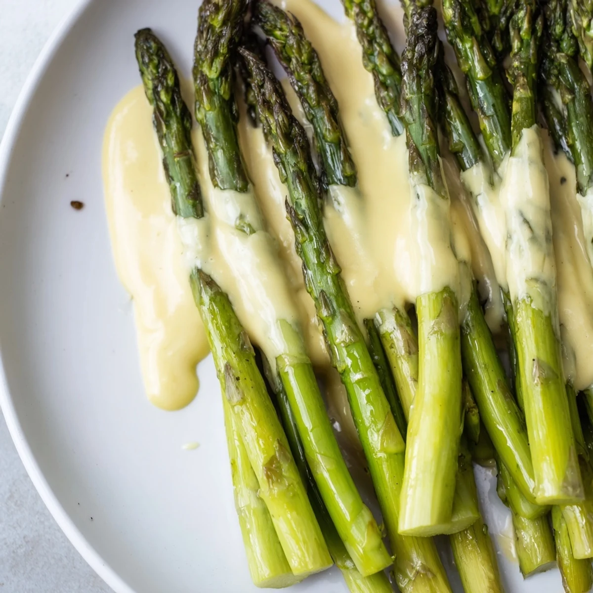 Savory roasted asparagus with hollandaise sauce served warm, garnished with a sprinkle of fresh chives.