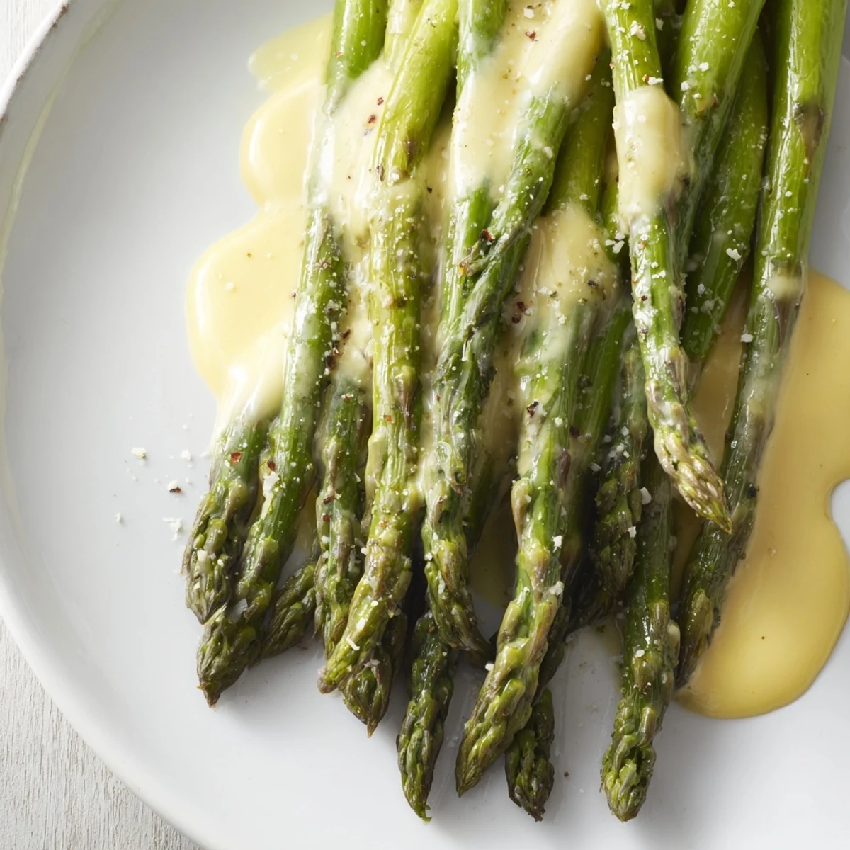 Asparagus roasted to tender perfection, topped with creamy homemade hollandaise, a perfect spring vegetable side dish.